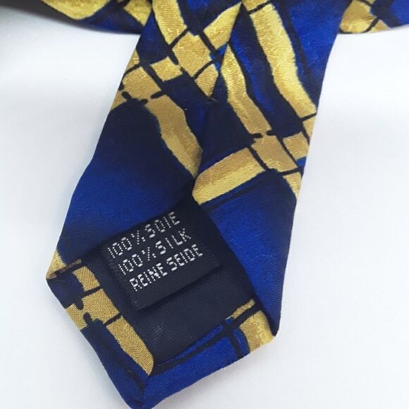 Nicola Ferri Italy Navy Blue/Blue/Yellow Plaid Tie 100% Pure Silk - Picture 2 of 7